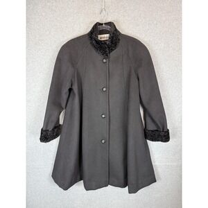 Leslie Fay Coat Womens 4 Black Wool Faux Fur Collar Cuffs Swing‎ A-Line